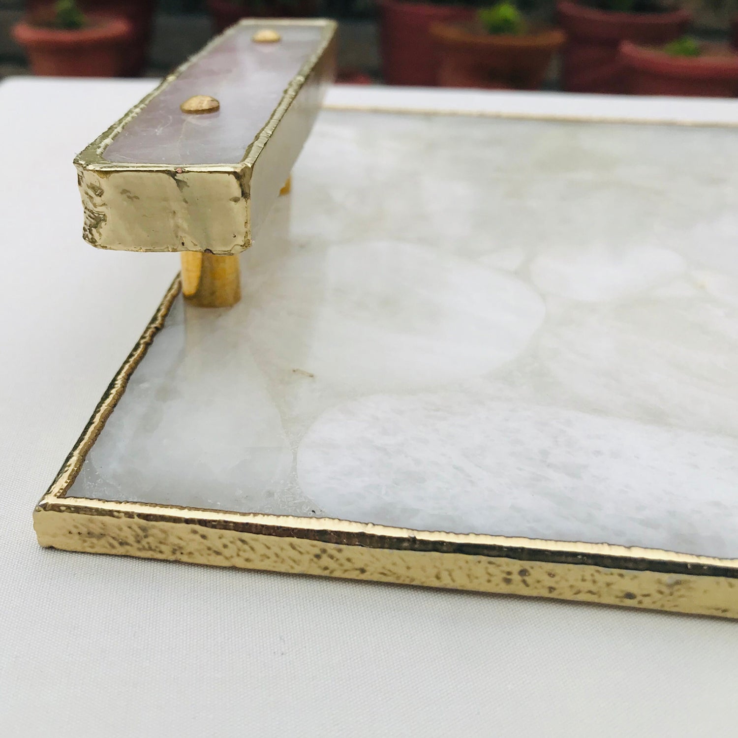 White Crystal Agate Plated Serving Tray With Clear Quartz Handles/Personalised Momentos/Sign Boards