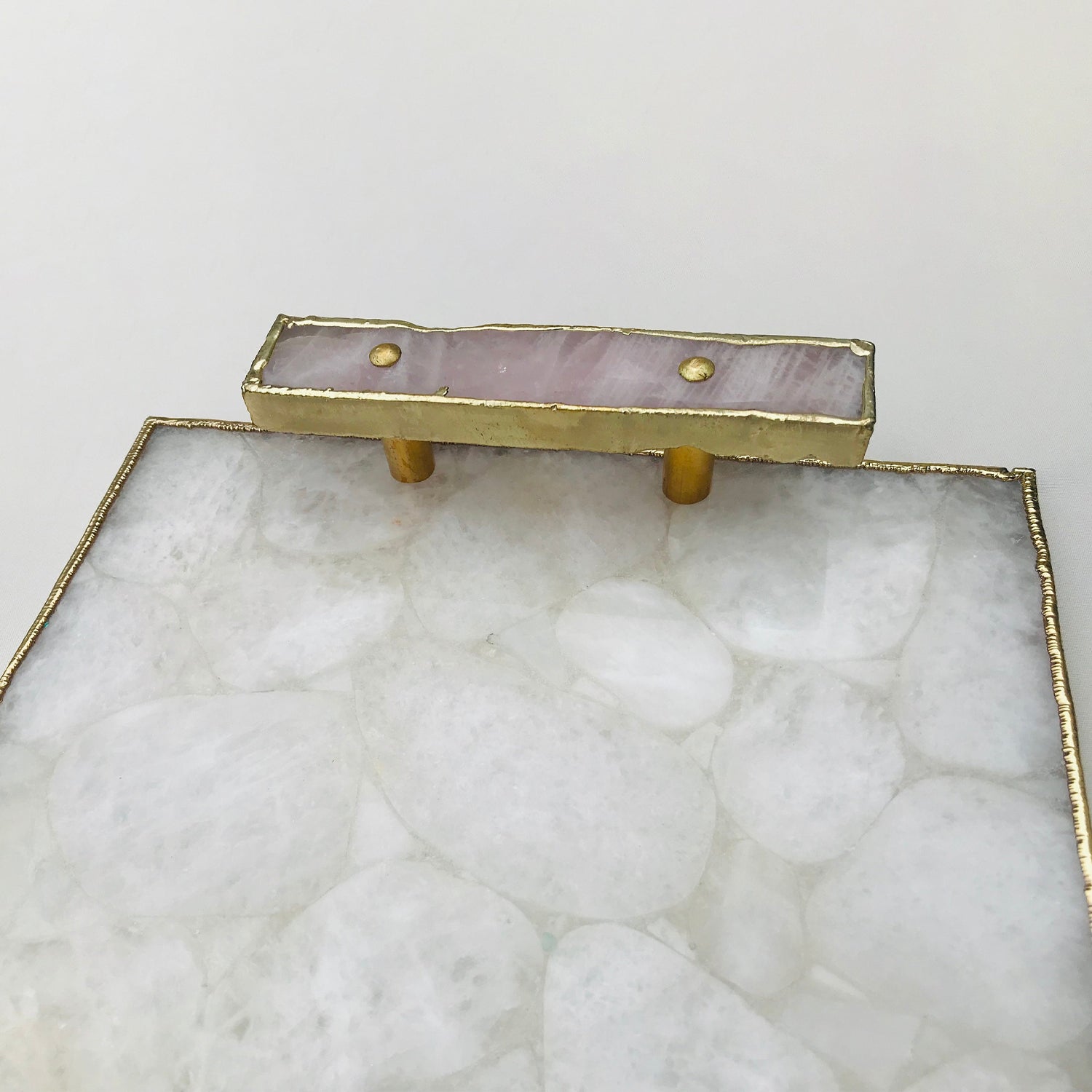 White Crystal Agate Plated Serving Tray With Clear Quartz Handles/Personalised Momentos/Sign Boards