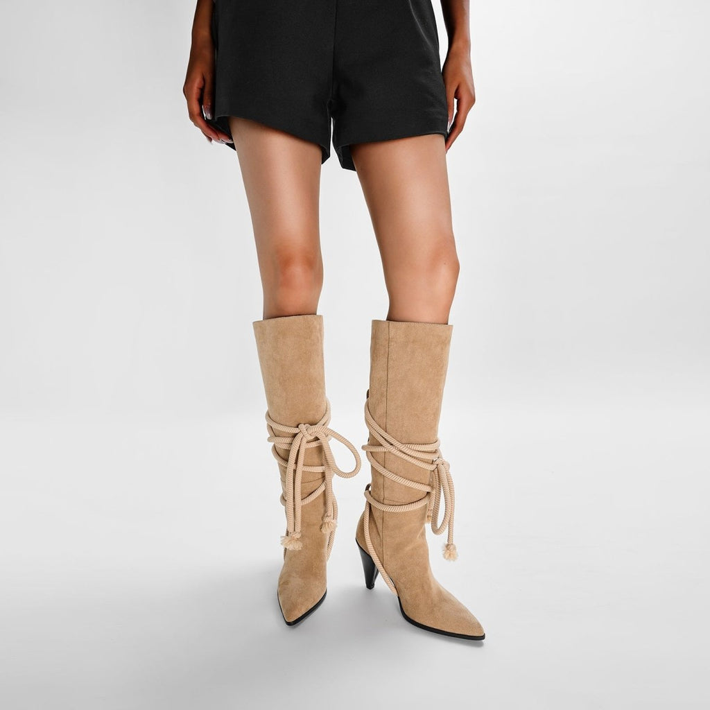 Apricot Lace Tie Pointed Bohemian Knee High Boots