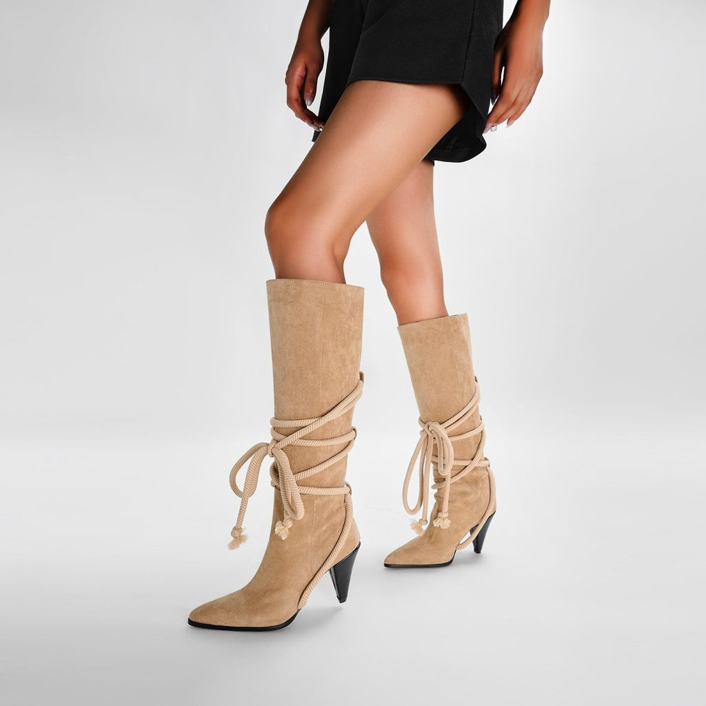 Apricot Lace Tie Pointed Bohemian Knee High Boots