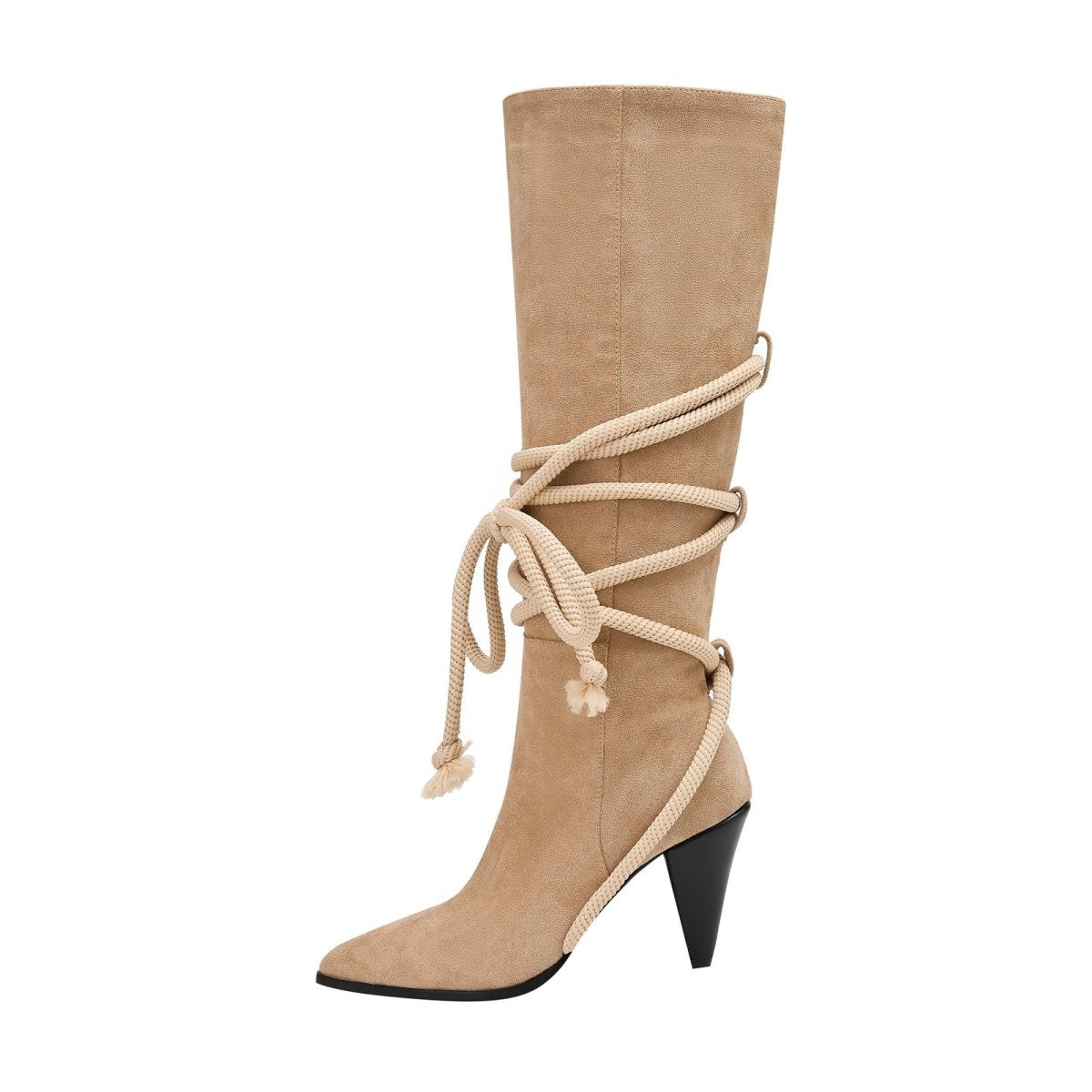 Apricot Lace Tie Pointed Bohemian Knee High Boots
