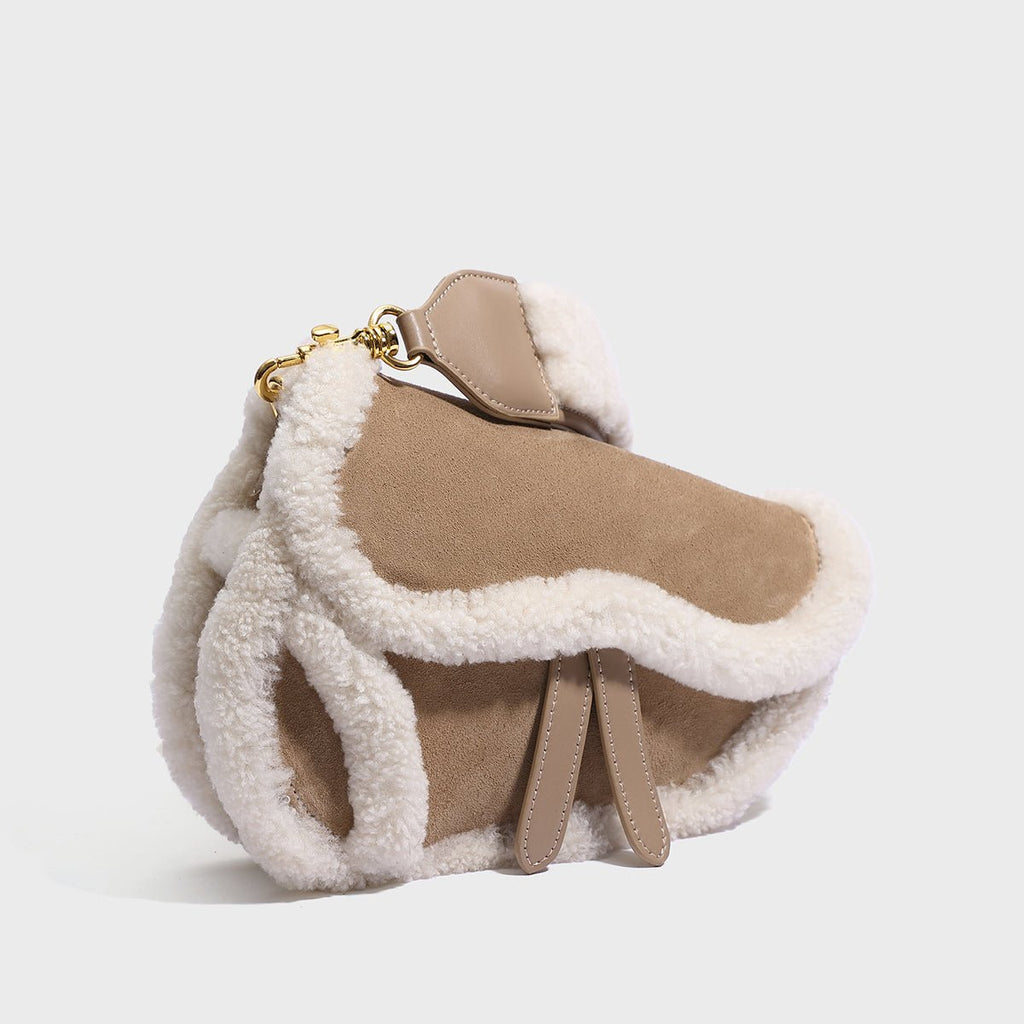 Beige Shearling Saddle Shoulder Bag – Lambswool Trim Suede Leather Crossbody with Gold Hardware