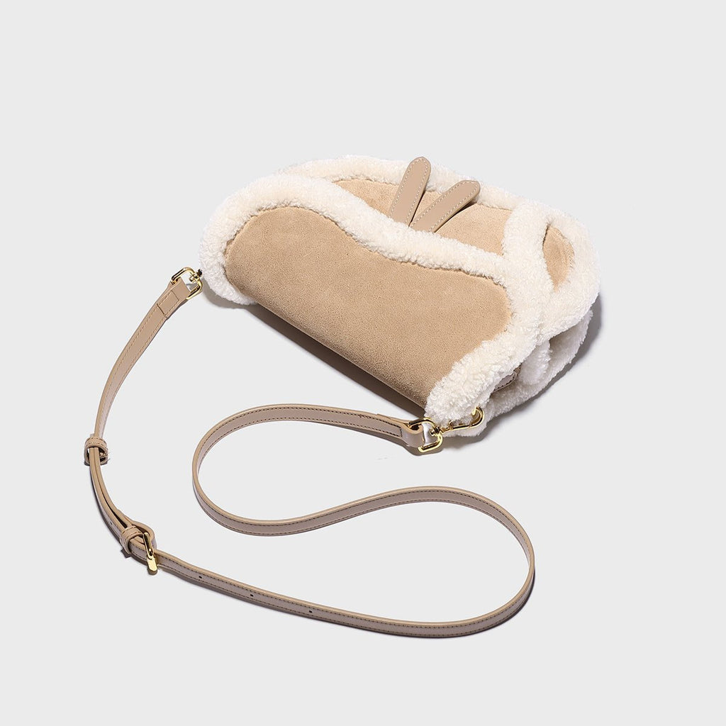 Beige Shearling Saddle Shoulder Bag – Lambswool Trim Suede Leather Crossbody with Gold Hardware
