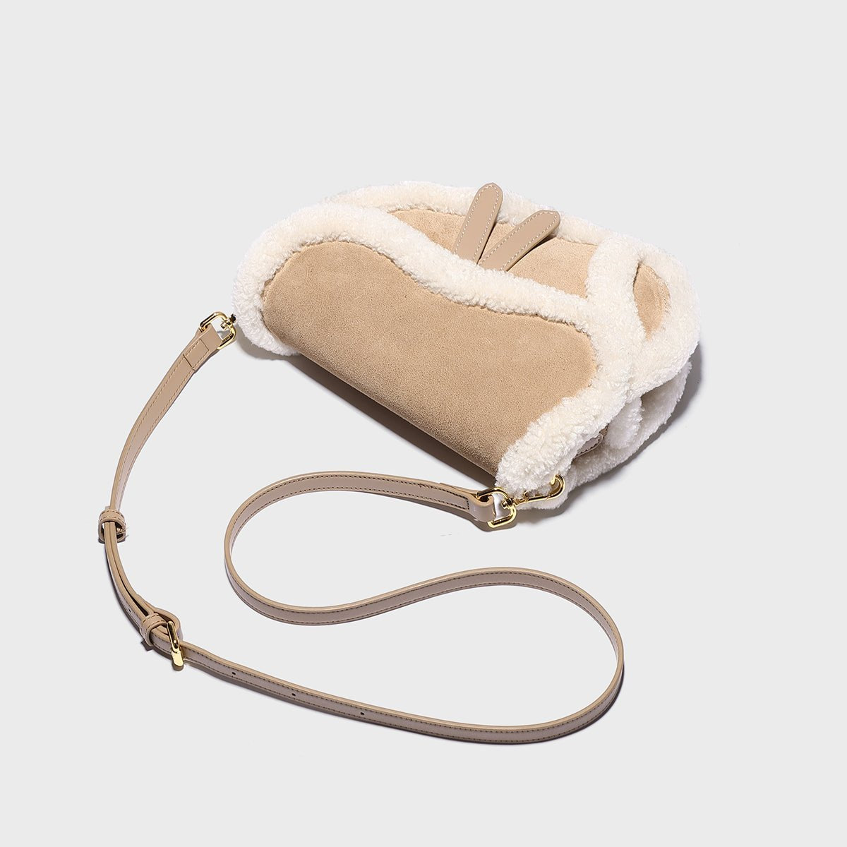 Beige Shearling Saddle Shoulder Bag – Lambswool Trim Suede Leather Crossbody with Gold Hardware