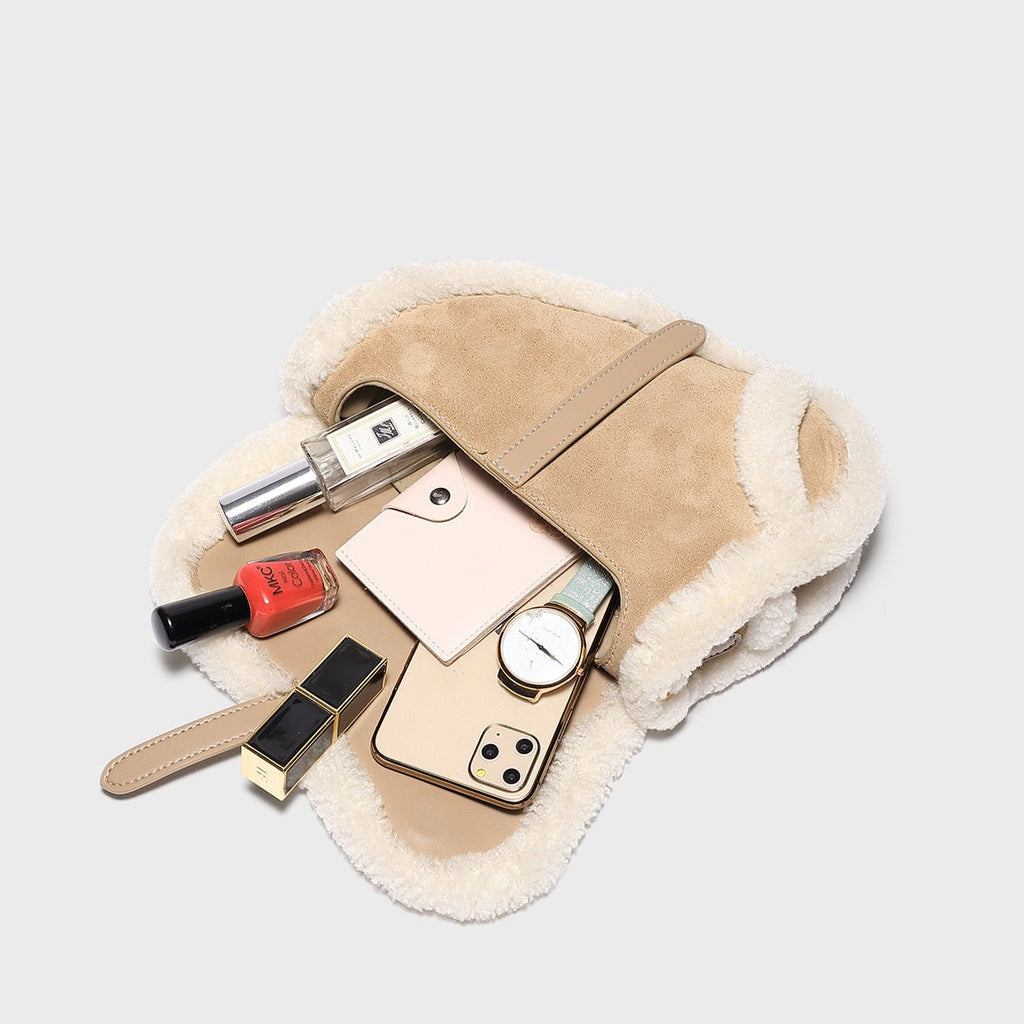 Beige Shearling Saddle Shoulder Bag – Lambswool Trim Suede Leather Crossbody with Gold Hardware