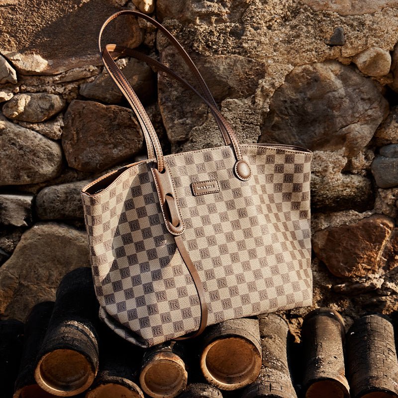 Bella Khaki Checkered Tote Bag