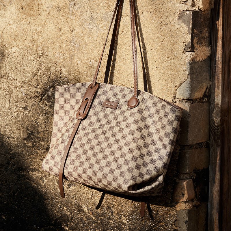 Bella Khaki Checkered Tote Bag