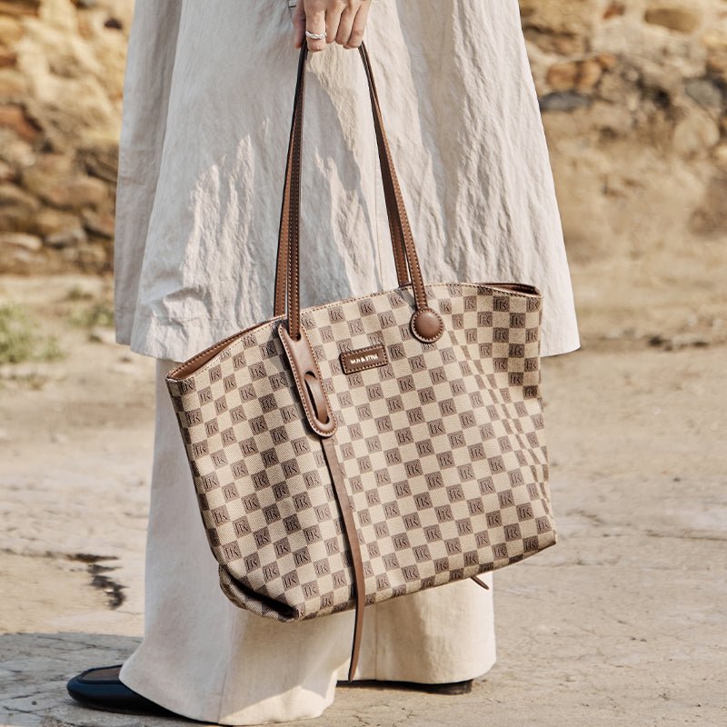 Bella Khaki Checkered Tote Bag