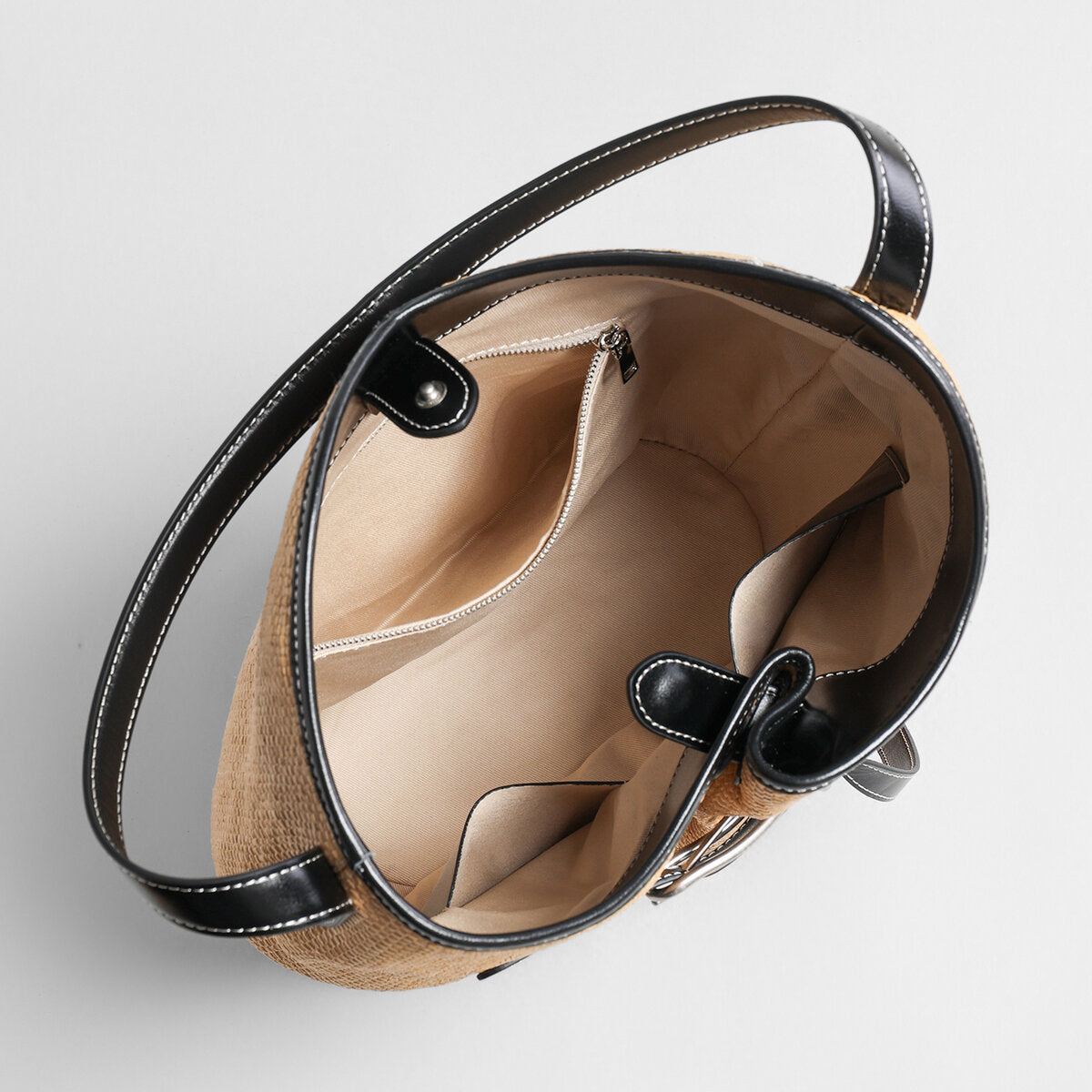 Belted Woven Straw Bucket Bag – Marte Grass Leather Trim Shoulder Bag