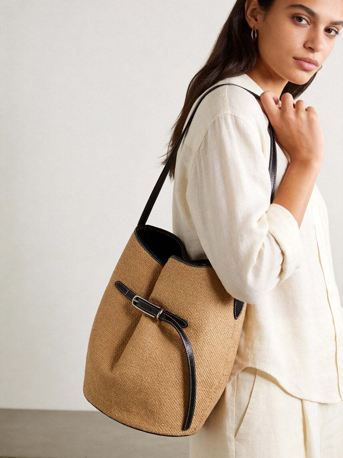 Belted Woven Straw Bucket Bag – Marte Grass Leather Trim Shoulder Bag