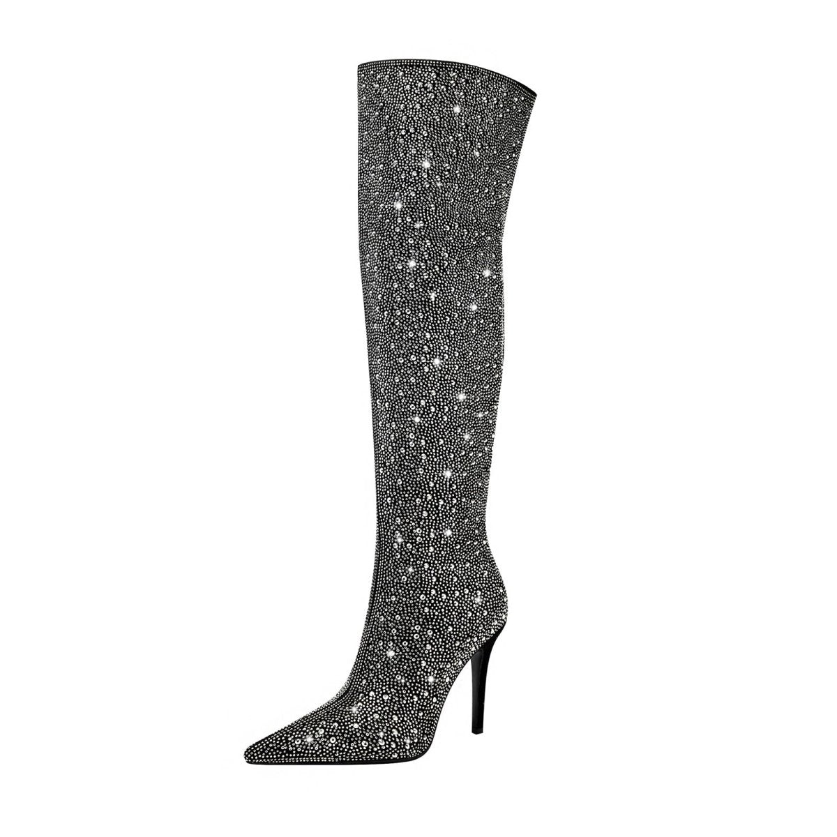 Black and Silver Embellished Knee High Boots