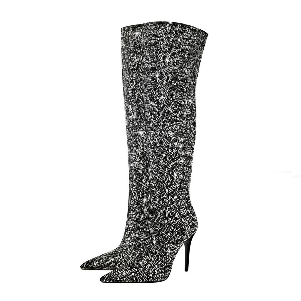 Black and Silver Embellished Knee High Boots