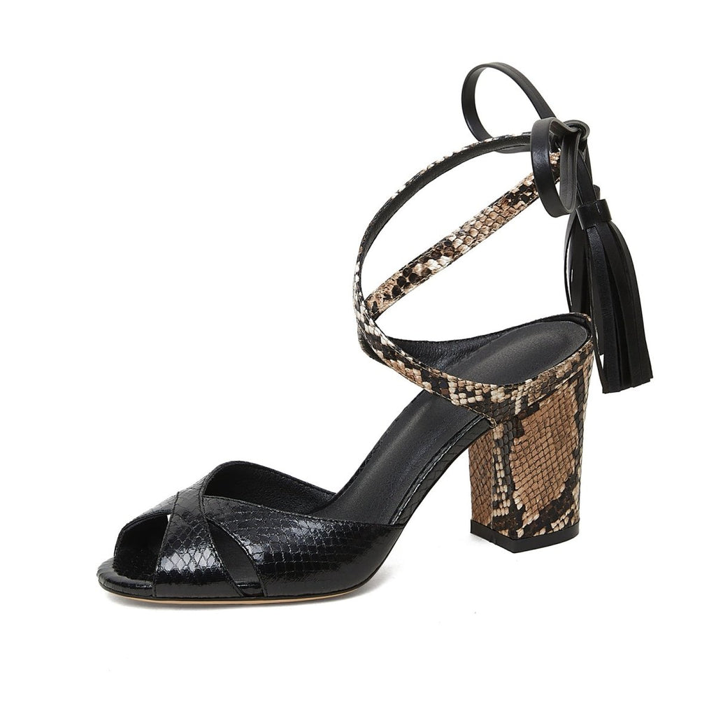 Black Python Ankle Strap Block Heel Sandals