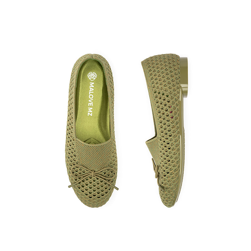 Bow Hollow Mesh Knit Round Toe Low Heel Flats – Breathable Summer Work Shoes
