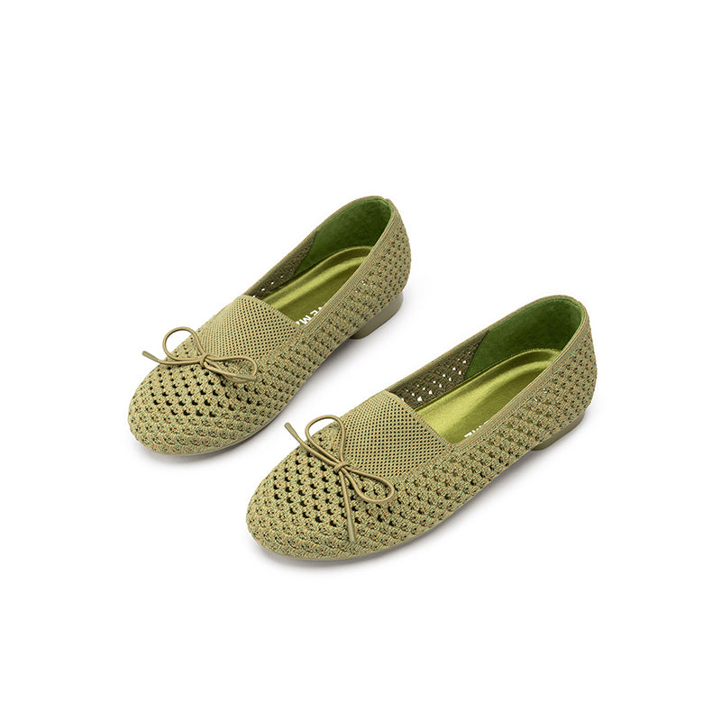 Bow Hollow Mesh Knit Round Toe Low Heel Flats – Breathable Summer Work Shoes