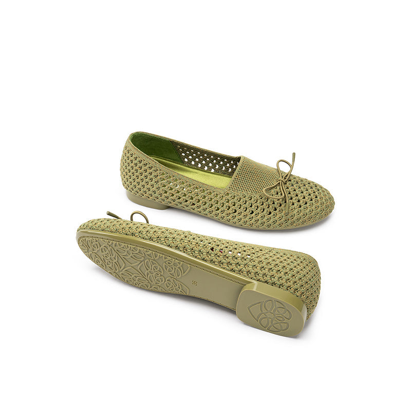 Bow Hollow Mesh Knit Round Toe Low Heel Flats – Breathable Summer Work Shoes