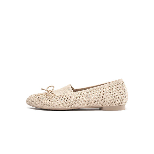 Bow Hollow Mesh Knit Round Toe Low Heel Flats – Breathable Summer Work Shoes