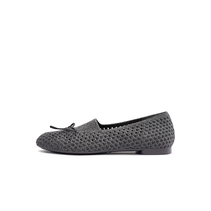 Bow Hollow Mesh Knit Round Toe Low Heel Flats – Breathable Summer Work Shoes