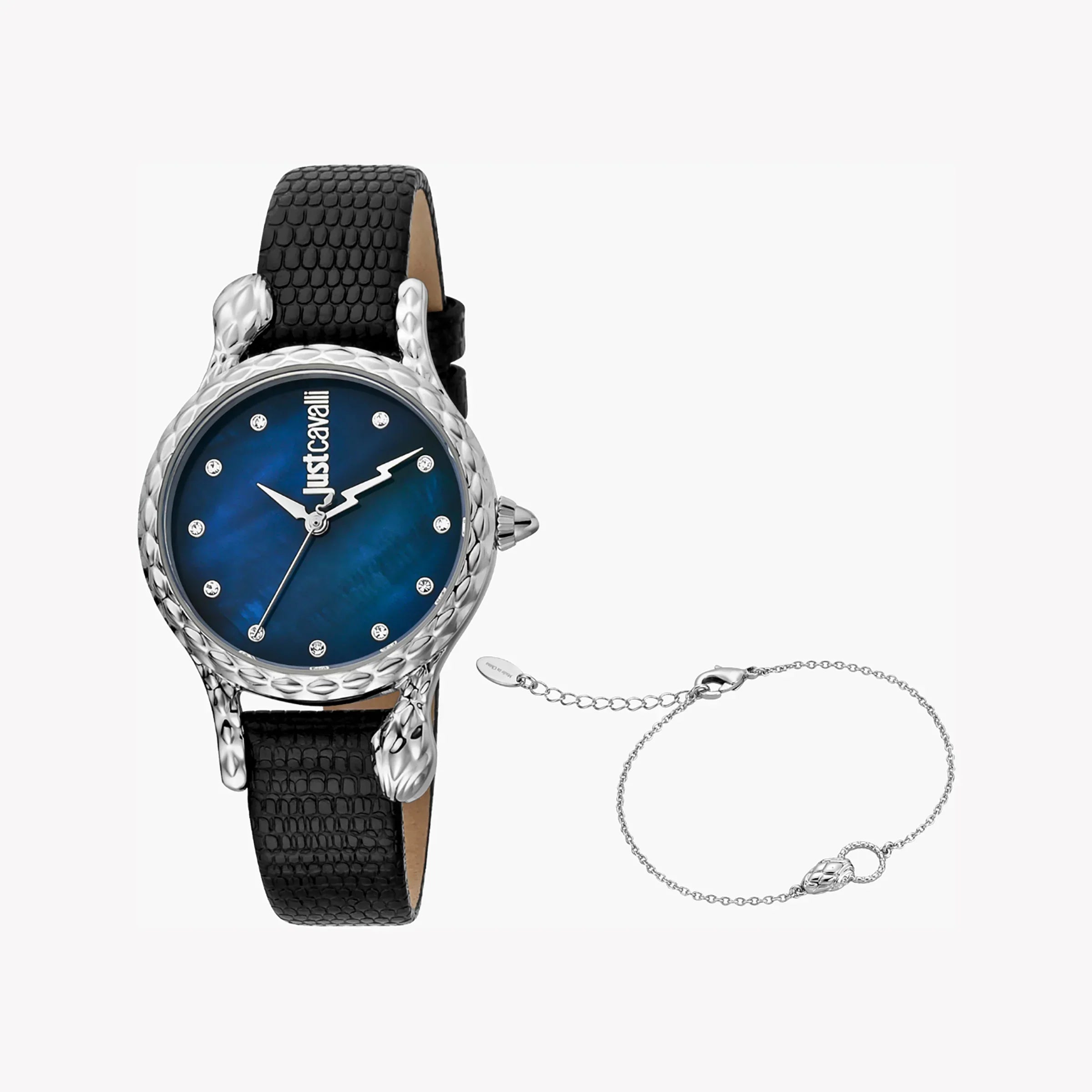 Just Cavalli Women's Black Leather Watch, Blue Dial | Jc1l125l0015