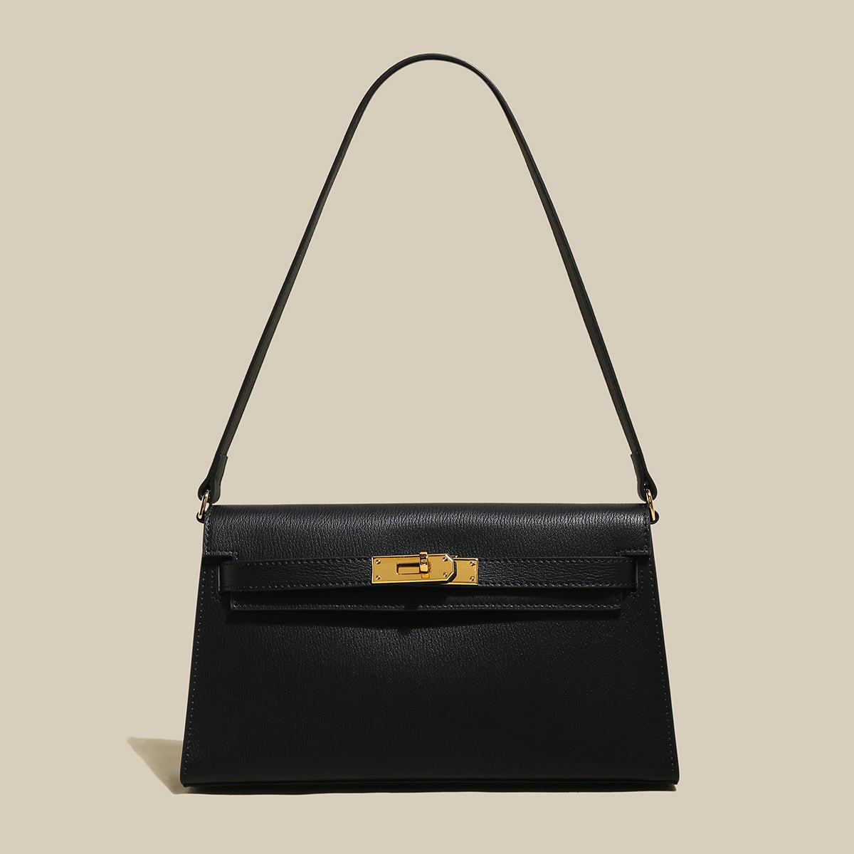 Camille Palm-Grain Calfskin Shoulder Bag – Structured Minimalist Handbag with Gold Twist-Lock Closure