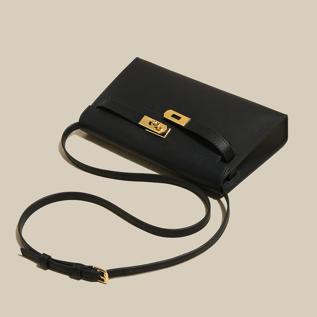 Camille Palm-Grain Calfskin Shoulder Bag – Structured Minimalist Handbag with Gold Twist-Lock Closure