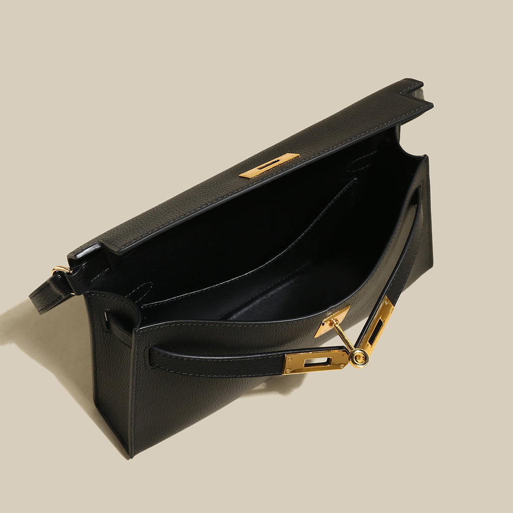Camille Palm-Grain Calfskin Shoulder Bag – Structured Minimalist Handbag with Gold Twist-Lock Closure