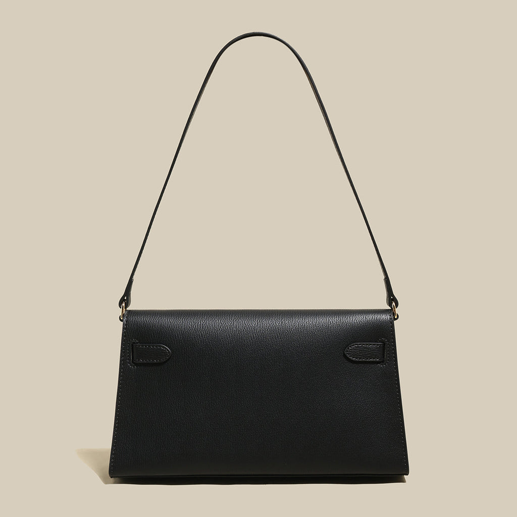 Camille Palm-Grain Calfskin Shoulder Bag – Structured Minimalist Handbag with Gold Twist-Lock Closure