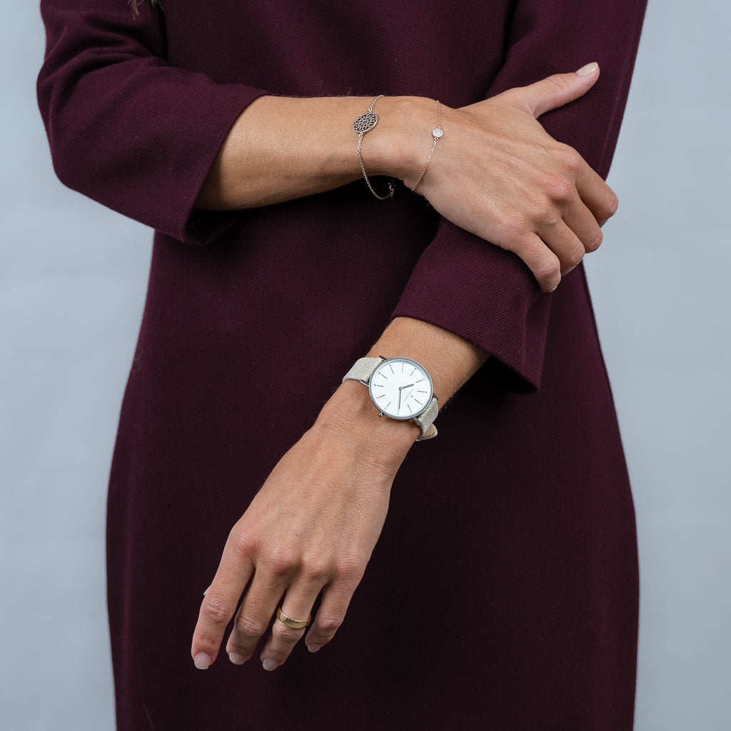Pierre Cardin Women's Silver Leather Watch, White Dial | Cbv.1115