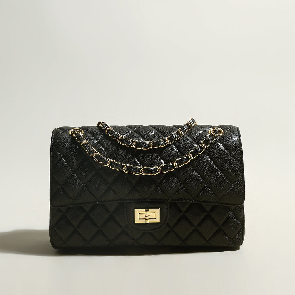 Classic Black Quilted Caviar Leather Flap Shoulder Bag – Diamond Quilted Chain Strap Crossbody Bag