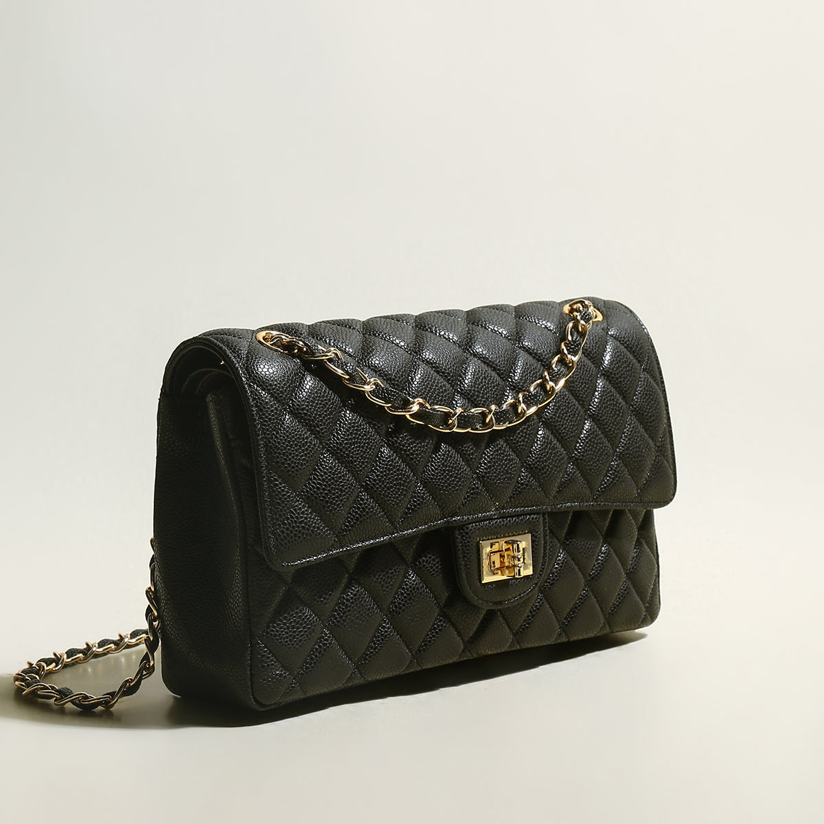 Classic Black Quilted Caviar Leather Flap Shoulder Bag – Diamond Quilted Chain Strap Crossbody Bag
