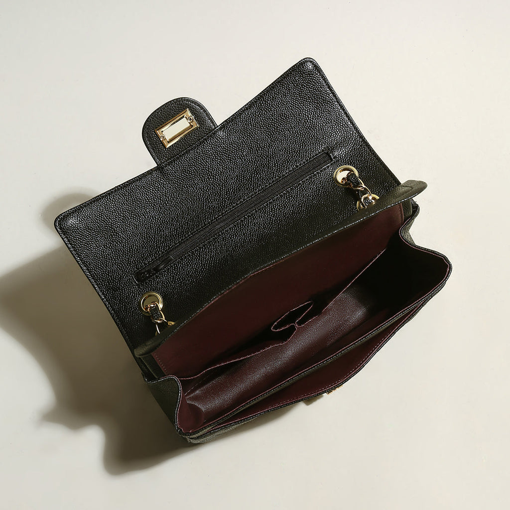 Classic Black Quilted Caviar Leather Flap Shoulder Bag – Diamond Quilted Chain Strap Crossbody Bag