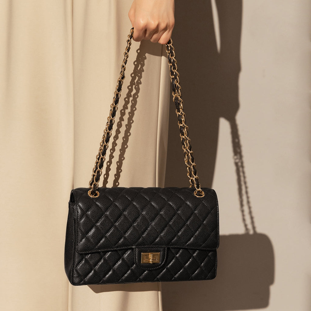 Classic Black Quilted Caviar Leather Flap Shoulder Bag – Diamond Quilted Chain Strap Crossbody Bag