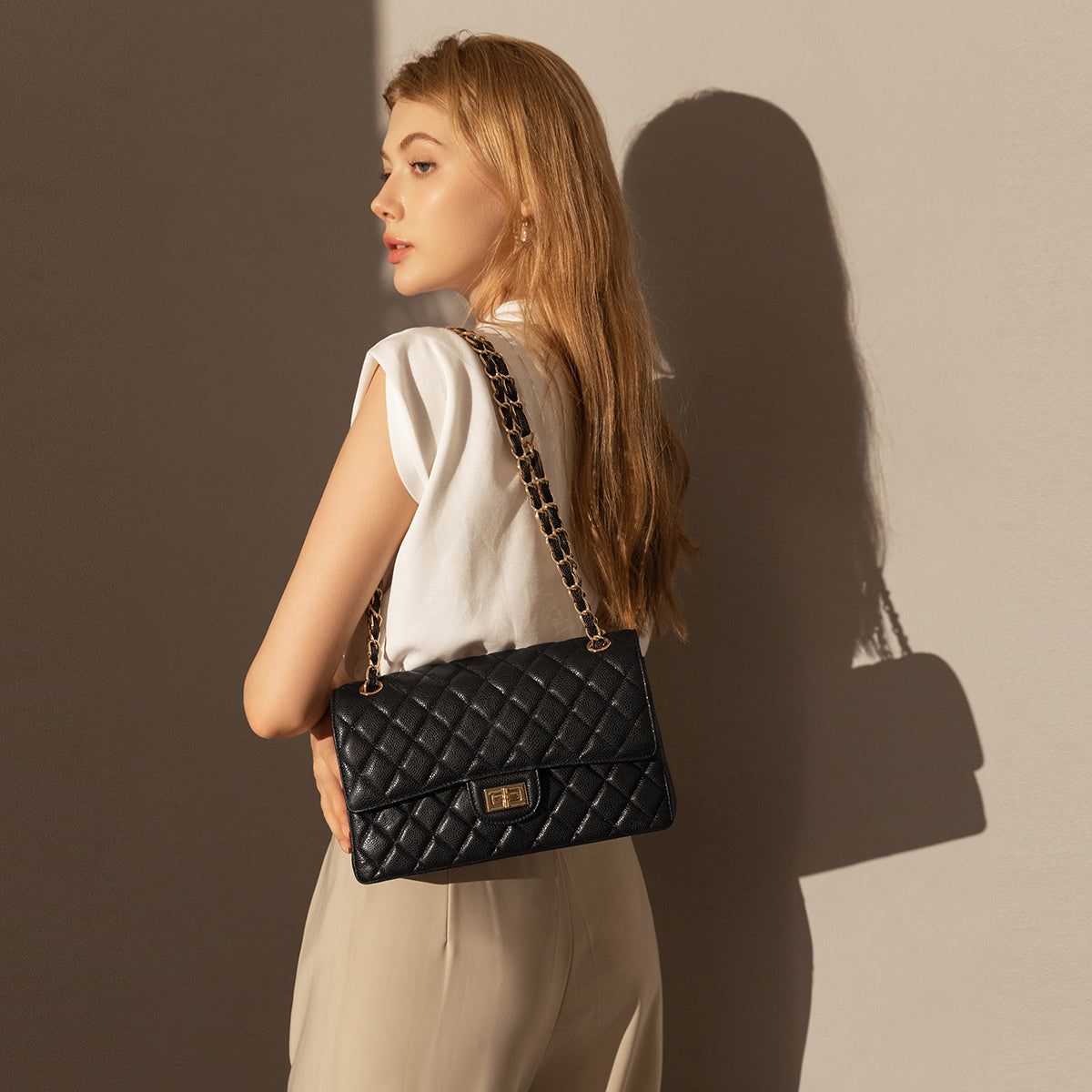 Classic Black Quilted Caviar Leather Flap Shoulder Bag – Diamond Quilted Chain Strap Crossbody Bag