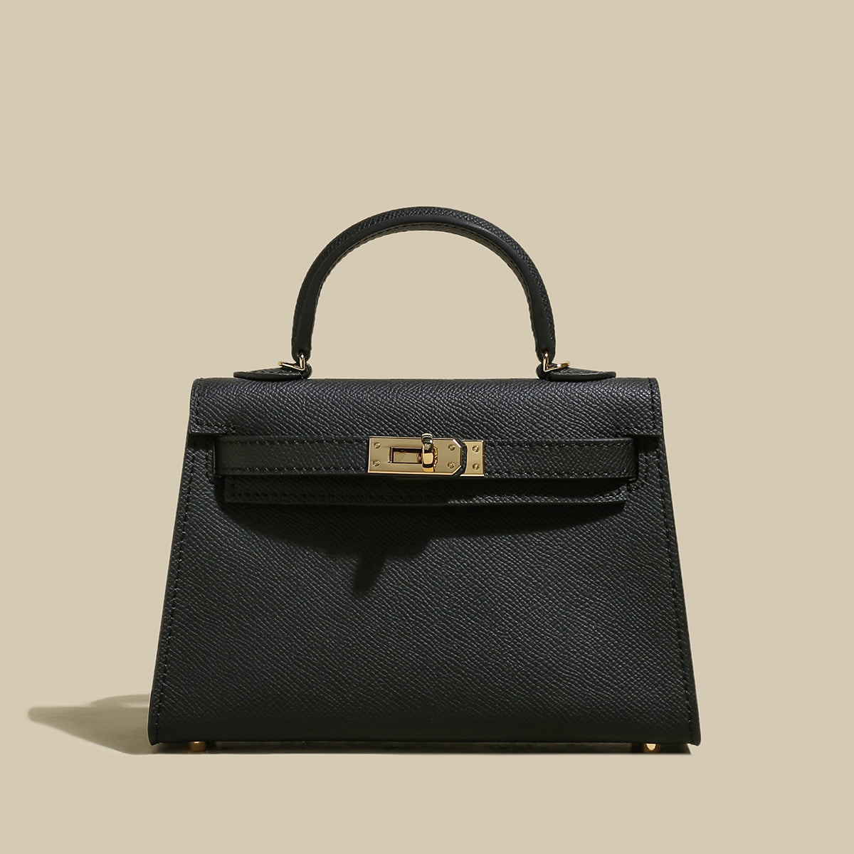 Classic Structured Leather Top-Handle Bag – Trapeze Satchel with Padlock Hardware & Detachable Strap