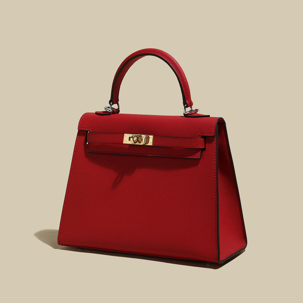 Classic Structured Leather Top-Handle Bag – Trapeze Satchel with Padlock Hardware & Detachable Strap