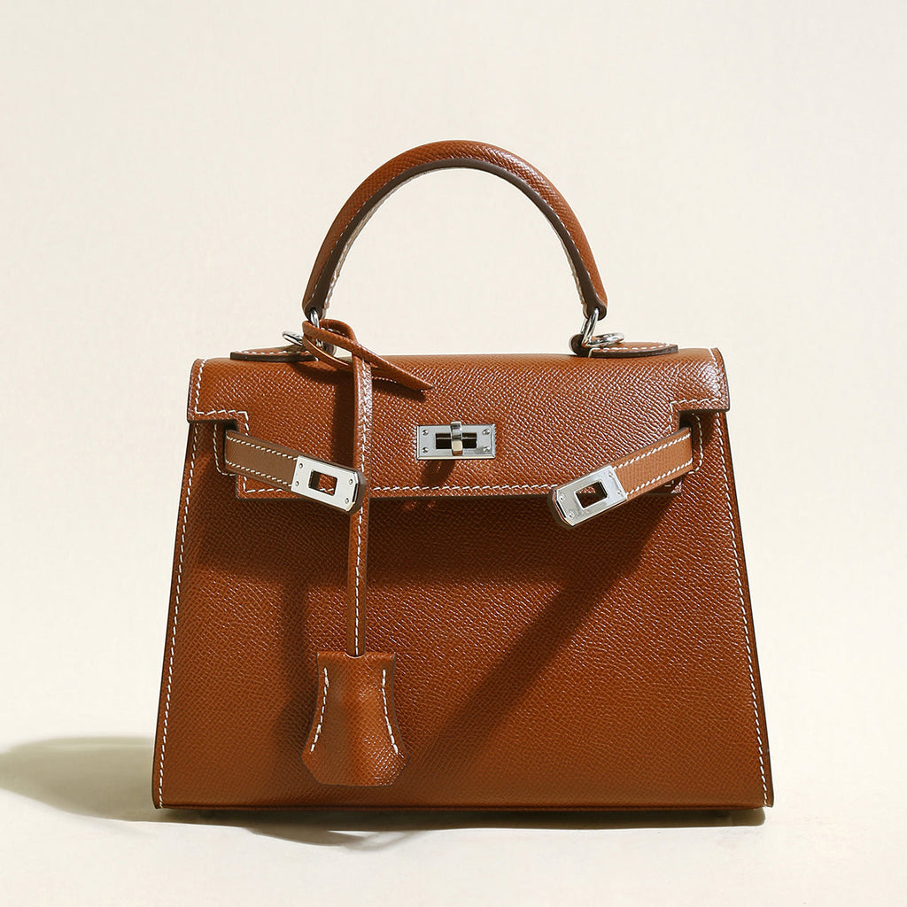 Clifton Palm-Grain Calfskin Top Handle Bag – Structured Leather Satchel with Turn-Lock Closure