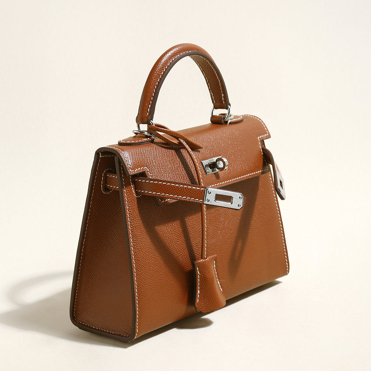 Clifton Palm-Grain Calfskin Top Handle Bag – Structured Leather Satchel with Turn-Lock Closure