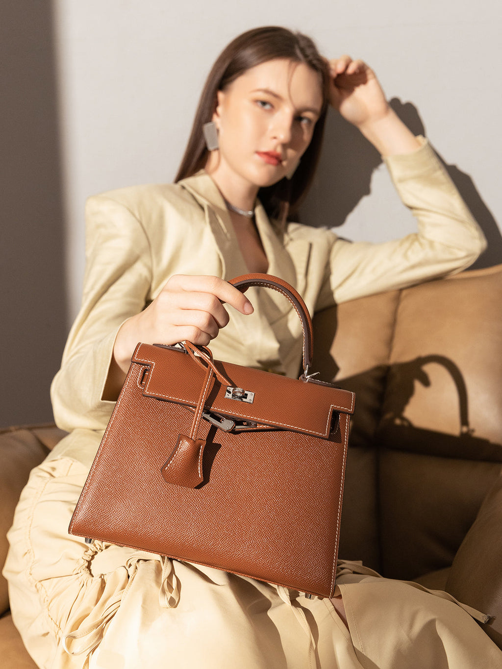 Clifton Palm-Grain Calfskin Top Handle Bag – Structured Leather Satchel with Turn-Lock Closure