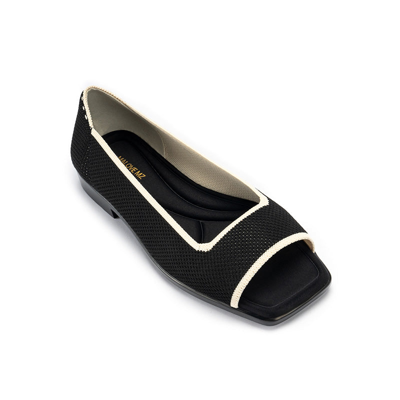Colorblock Peep Toe Knit Flats – Square Toe Low Heel Sandals