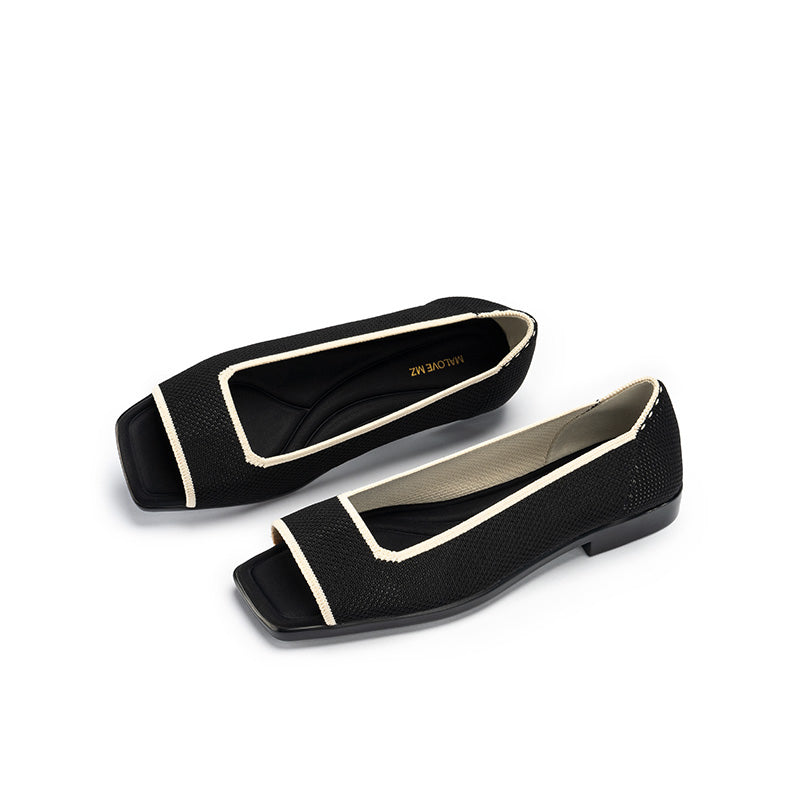Colorblock Peep Toe Knit Flats – Square Toe Low Heel Sandals