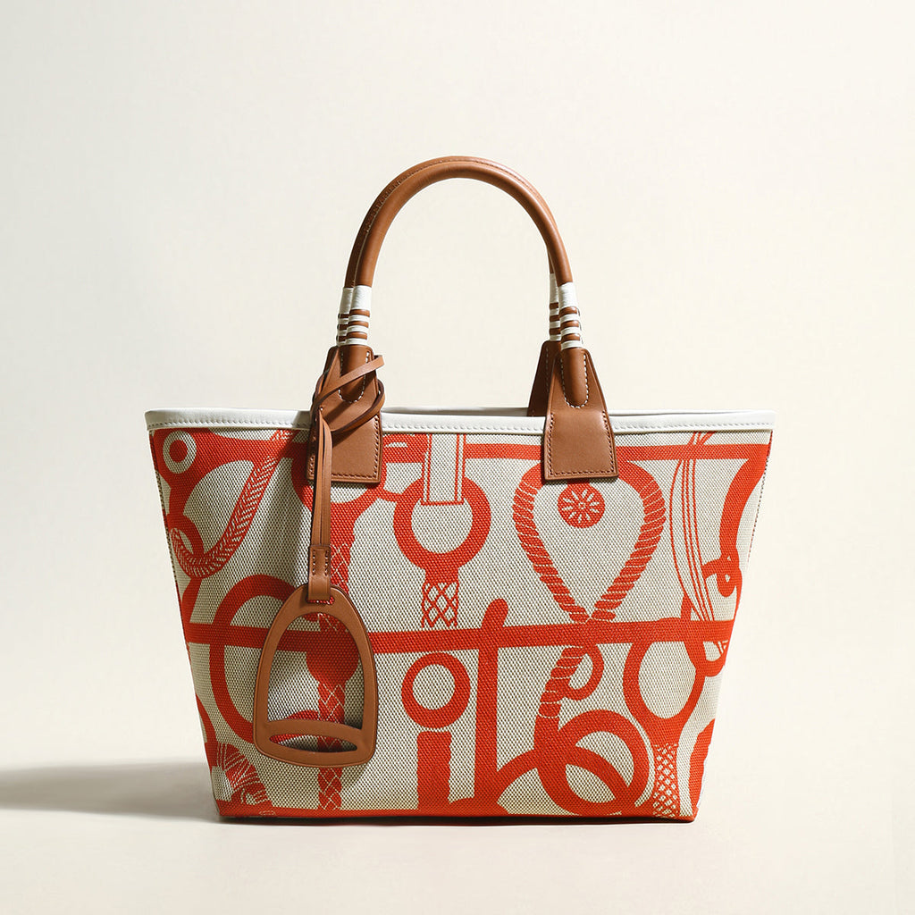 Colorful Abstract Top Handle Bag – Equestrian Print Canvas Tote with Leather Trim and Stirrup Charm