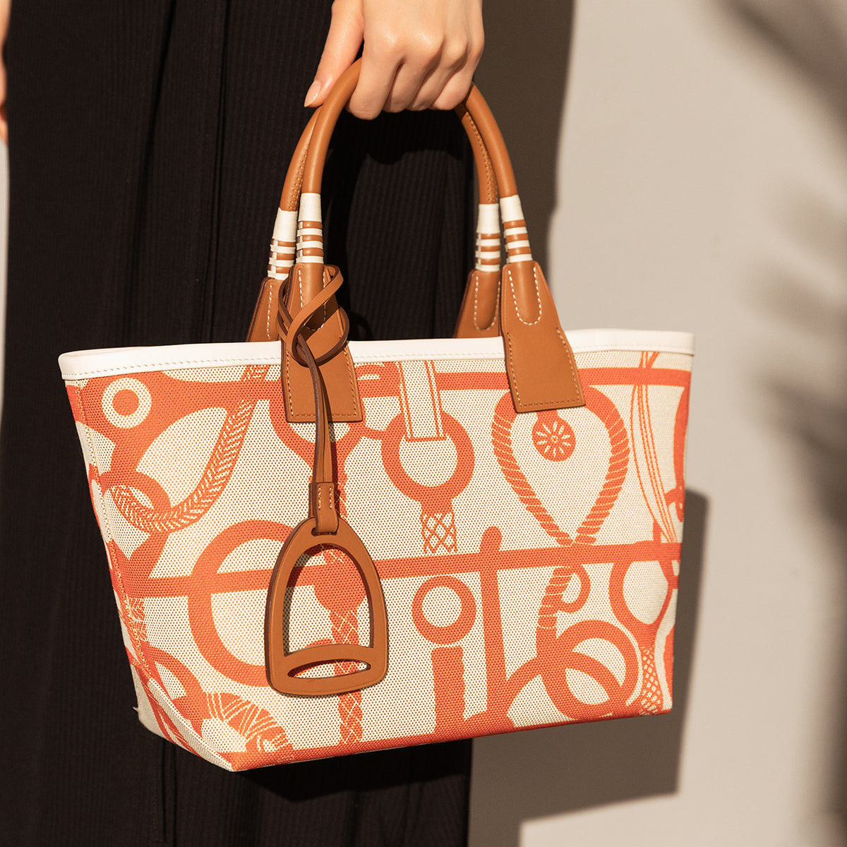 Colorful Abstract Top Handle Bag – Equestrian Print Canvas Tote with Leather Trim and Stirrup Charm