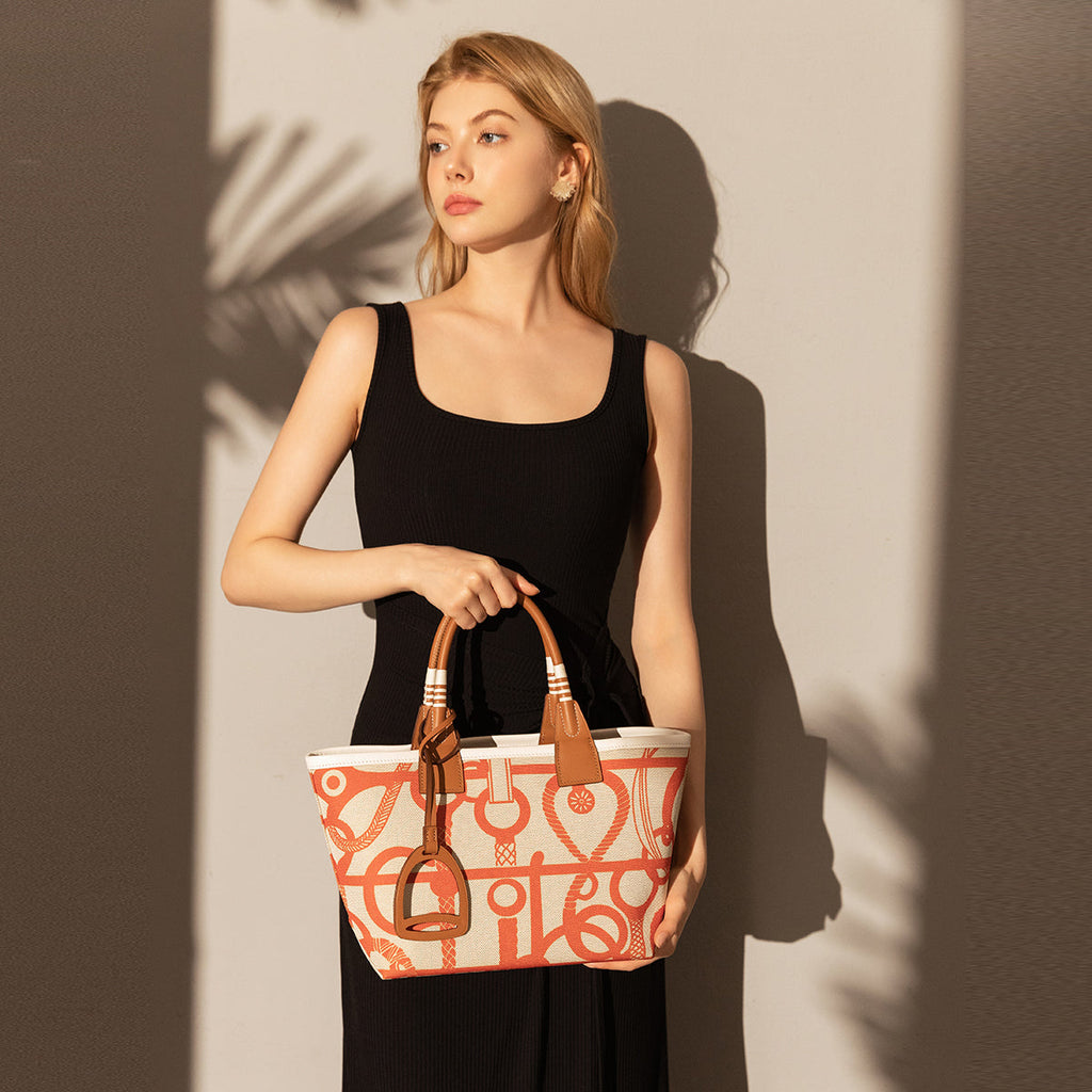 Colorful Abstract Top Handle Bag – Equestrian Print Canvas Tote with Leather Trim and Stirrup Charm
