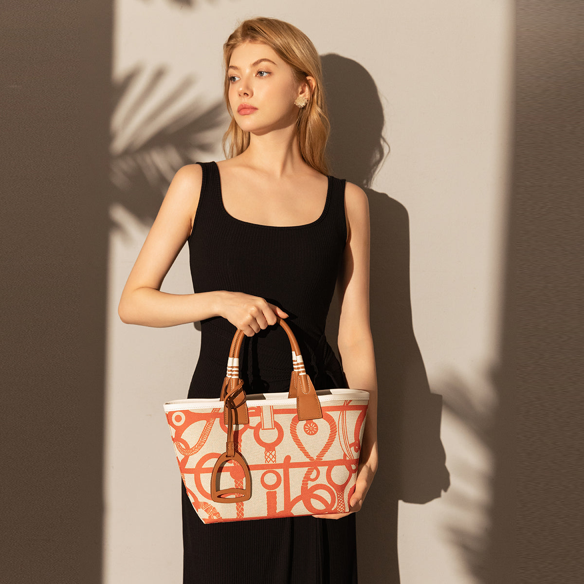 Colorful Abstract Top Handle Bag – Equestrian Print Canvas Tote with Leather Trim and Stirrup Charm