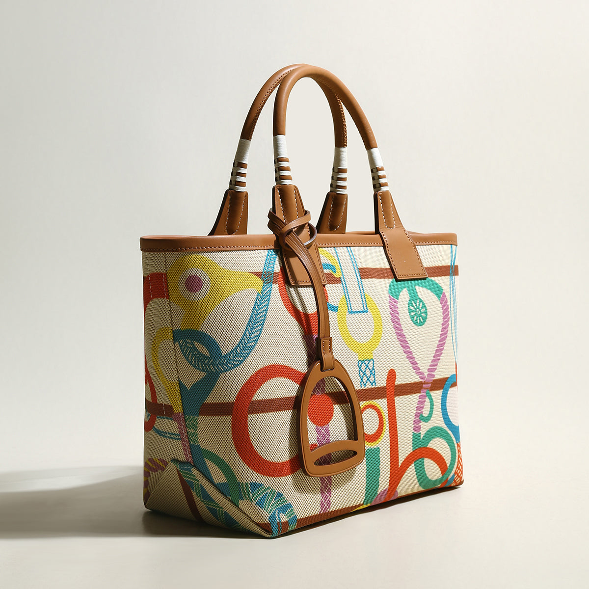 Colorful Abstract Top Handle Bag – Equestrian Print Canvas Tote with Leather Trim and Stirrup Charm