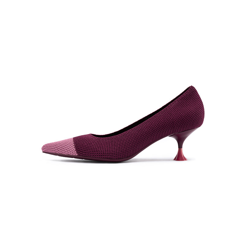 Corporate Color Block Kitten Heels – Pointed Toe Wine Glass Knit Pumps