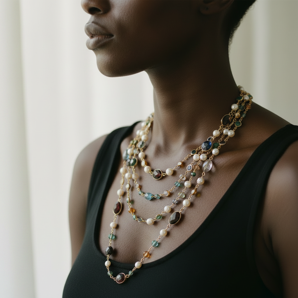 Magnetic Gold Pearl Gemstone Layered Necklace-0