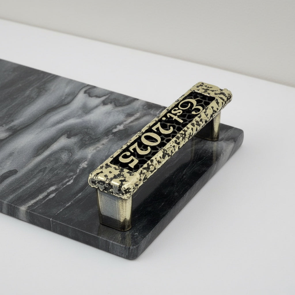 Personalized Black Marble Serving Tray | Custom Engraved Handles with Antique Finish