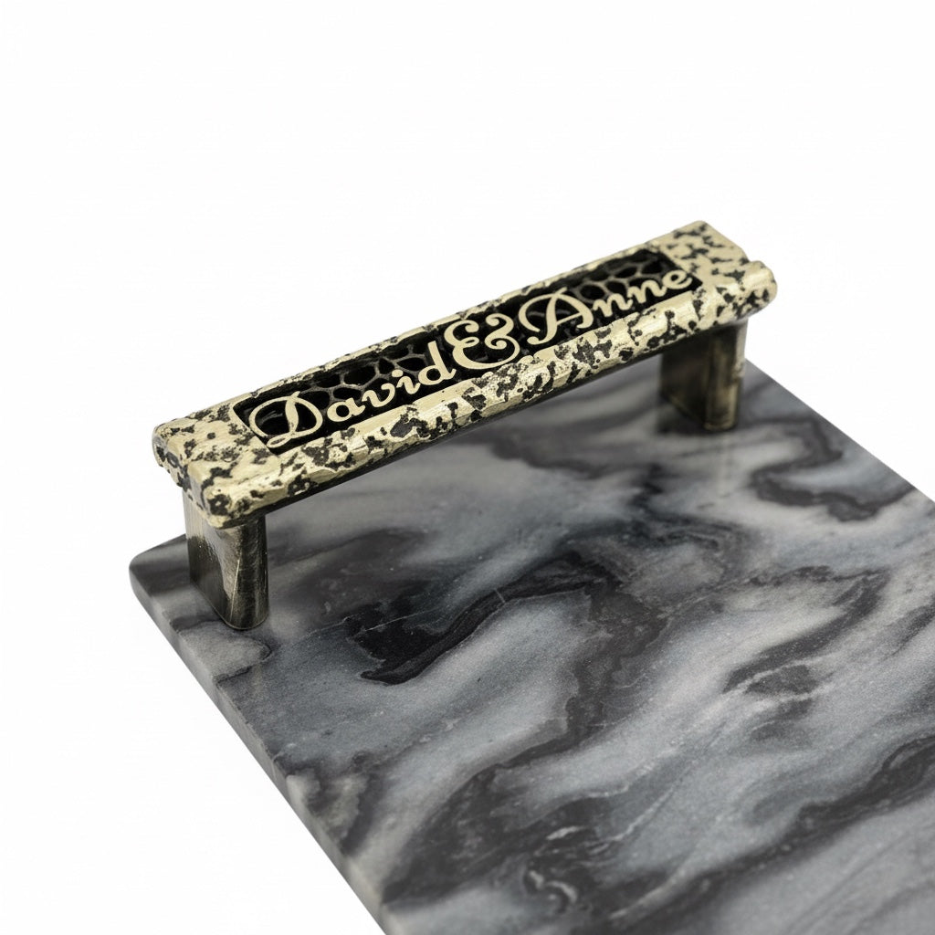 Personalized Black Marble Serving Tray | Custom Engraved Handles with Antique Finish