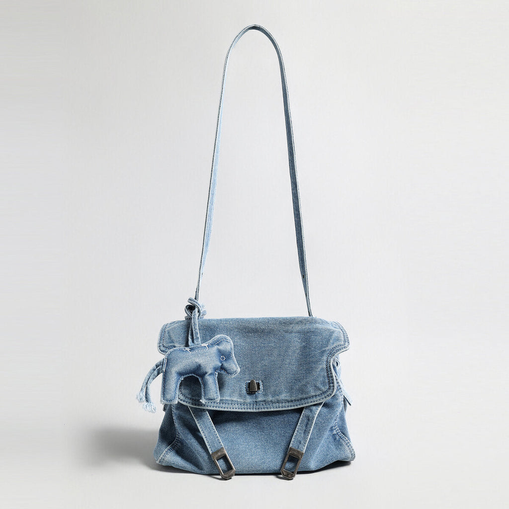 Distressed Denim Flap Crossbody – Elephant Charm Shoulder Bag with Buckle Details